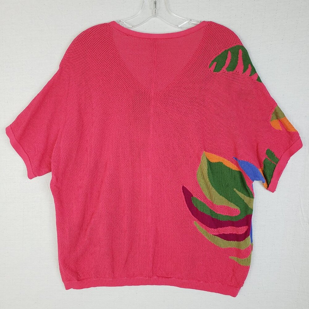 CHICOS Pullover Sweater Pink Artsy Abstract Colorful Tropical Mesh Knit size XL - Picture 5 of 9